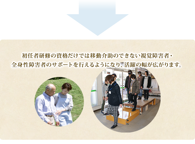 初任者研修の資格だけでは移動介助のできない視覚障害者・全身性障害者のサポートを行えるようになり、活躍の幅が広がります。